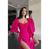 Vestido de noche largo de satén con escote en V y mangas largas con abertura