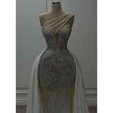 Vestido de novia largo con escote en V y cuentas de un solo hombro brillante