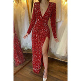 Vestido de fiesta de graduación sexy con escote en V profundo, mangas largas, lentejuelas brillantes y abertura