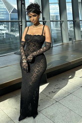 Robe de soirée longue sexy en dentelle transparente pour femme, bretelles spaghetti, coupe ajustée, collection été Y4236