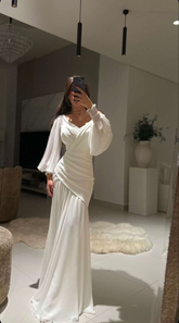 Robe de soirée sirène longue blanche chic à col en V et froncée Y7737
