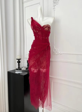 Robe de bal/soirée en tulle et dentelle bordeaux, modèle Y8506