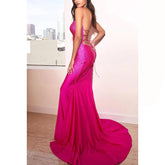 Vestido de noche largo de sirena con tirantes finos, sin mangas y satén con cuentas