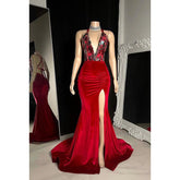 Vestido de fiesta sexy y atractivo con escote en V, sin mangas, tirantes cruzados, abertura de sirena y fruncido