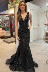 Robe de bal longue sirène noire à sequins, décolleté plongeant en V et dos nu
