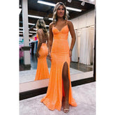 Vestido de fiesta brillante con lentejuelas, escote en V y tirantes finos