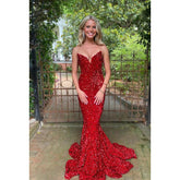 Robe de soirée sirène/trompette à col en V, sans manches, à paillettes et perles