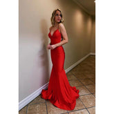 Vestido de fiesta de noche estilo sirena con tirantes finos, escote en V y espalda cruzada