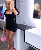 Robe courte moulante chic à manches bouffantes noire pour bal de promo Y368