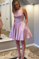 A Line Halter Pink Homecoming Dress with Open Back