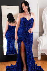 Robe de bal sirène à sequins bleu roi grande taille avec fente sur le devant