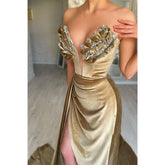 Vestido de fiesta largo de terciopelo con cuentas, escote en V y cola, corte tubo/columna