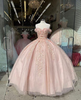 Vestido de quinceañera rosa con hombros descubiertos y apliques de encaje, vestido de gala para dulces 16 años Y395