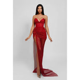 Vestido de fiesta de noche con escote en V, sin mangas, con lentejuelas y abertura