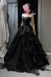 Robe de bal longue en tulle noir, robe de soirée trapèze Y74