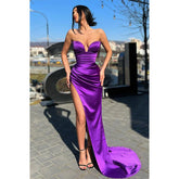 Vestido de fiesta largo con escote en V, pliegues y abertura alta, sexy