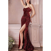 Vestido de noche largo con tirantes finos, sin mangas, lentejuelas y abertura para graduación