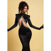 Robe de soirée sirène élégante à manches longues et col haut avec perles