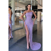 Vestido formal largo sin tirantes con abertura alta y brillante para fiesta de graduación