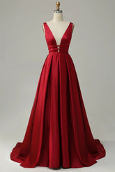 A Line Deep V Neck Red Long Prom Dress with Backless