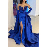 Vestido de noche para fiesta de graduación, escote en V, sin tirantes, apliques, cola desmontable y abertura lateral