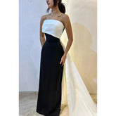 Vestido de fiesta formal elegante, moderno, sin mangas, con hombros descubiertos y corte columna