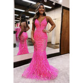 Vestido de fiesta de noche con lentejuelas y escote en V, estilo sirena, sexy y brillante, con tirantes finos