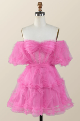 Vestido corto de fiesta de bienvenida rosa fucsia con volantes y hombros descubiertos Y2783