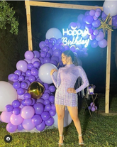 Vestido morado de fiesta de cumpleaños con cuello alto, mangas largas y borlas. Vestido morado para baile de bienvenida Y2565