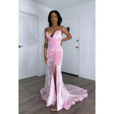 Robe de soirée longue en velours, sans manches, décolleté en cœur, fourreau, avec fente