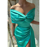 Vestido de noche largo de satén fruncido, sin mangas, con escote en V y hombros descubiertos