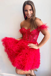 A Line Off the Shoulder Red Short Homecoming Dress with Feather