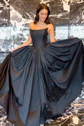 A Line Strapless Black Corst Prom Dress with Criss Cross Back
