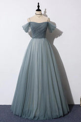 A-Line Off The Shoulder Grey Tulle Prom Dress Evening Dress