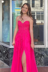 A-line Hot Pink Strapless Floral Appliques Long Prom Dress