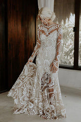 Sheath Unique Lace Long Sleeves Bohemian Wedding Dress WD752