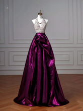 Elegante vestido de fiesta largo de noche, corte A, de satén morado con cuentas y escote halter, modelo Y8609