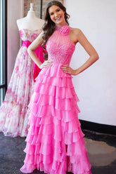 A Line Halter Neck Beaded Lace Long Pink Prom Dresses