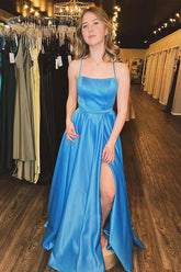 A Line Scoop Neck Spaghetti Straps Blue Satin Long Prom Dress With Slit