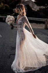 A Line See Through Deep V Neck Long Sleeves Sparkly Wedding Dresses WD569
