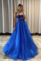 A Line Shiny Royal Blue Tulle Sweetheart Formal Prom Dress