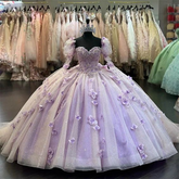 Vestido de quinceañera con flores 3D lilas, mangas largas abullonadas Y6580