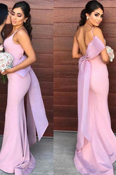Lilac Satin Mermaid Open Back Long Bridesmaid Dresses With Bowtie