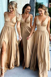 Simple Cheap A-Line V-Neck Floor-Length Long Bridesmaid Dress with Slit