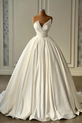 Beautiful Long Ivory A-line Satin Princess Wedding Dress With Pearls