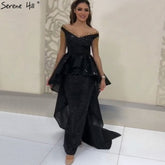 On Sale No Return No Refund Black Asymmetrical Sleeveless Sexy Evening Dresses 2025 Dubai Design Off Shoulder Tassel Formal Dress LA60798