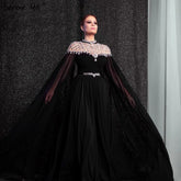 Black Diamond Caple Sleeves Chiffon Evening Dress Dubai Design High Neck Gowns 2025 LA60718