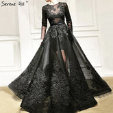 Black O-Neck Handmade Flowers Evening Dresses 2025 Long Sleeves Perspective Sexy Evening Gowns LA60837