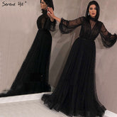 Black Peach Pearls A-Line Evening Dresses 2025 Latest Design Long Sleeves Sexy Evening Gowns Plus Size LA60835