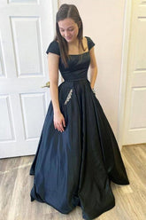 A Line Satin Open Black Cap Sleeves Long Prom Dresses